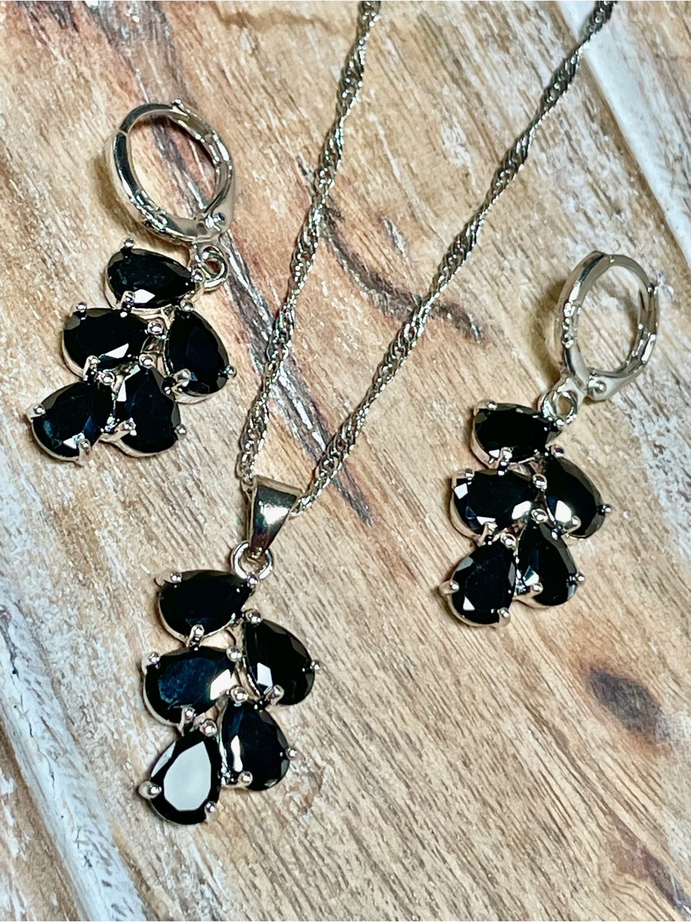 Sterling Silver Necklace & Earrings Set with Black Crystal Teardrop Stones